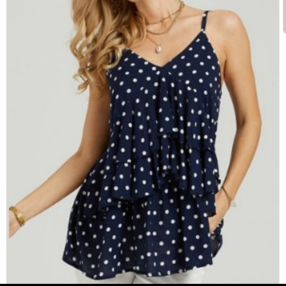 New Ruffled Navy Tiered Strappy Blouse Large Dots